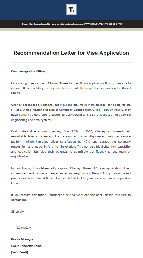 Recommendation Letter for Visa Application by Template.net