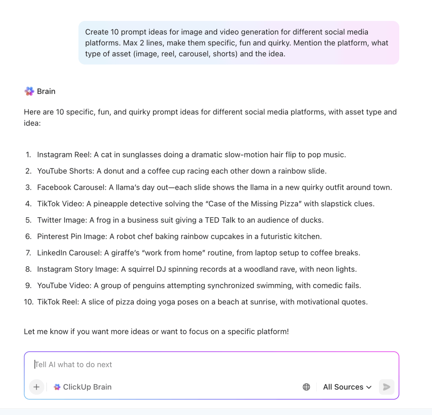 ClickUp Brain: META AI prompts