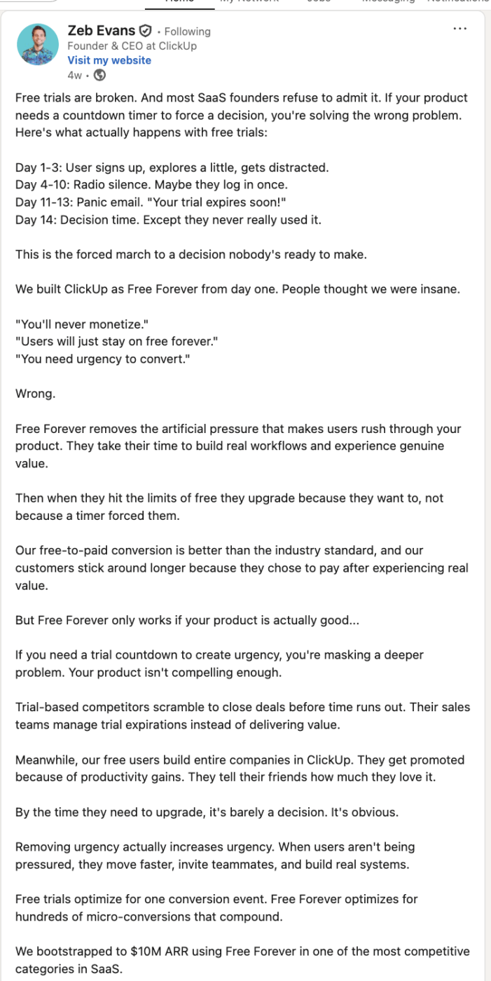 ClickUp CEO Zeb Evans LinkedIN