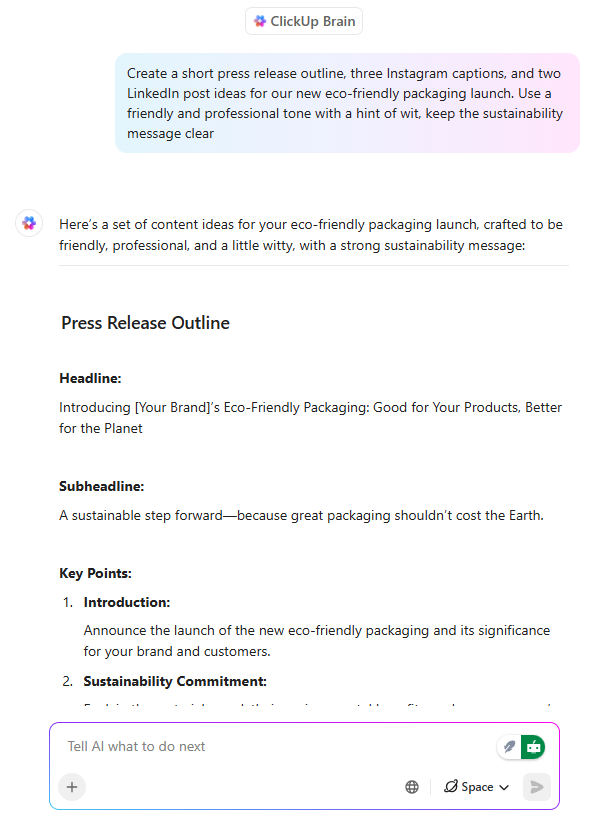 Spark Fresh Ideas & Refine your Brand Messaging with ClickUp Brain