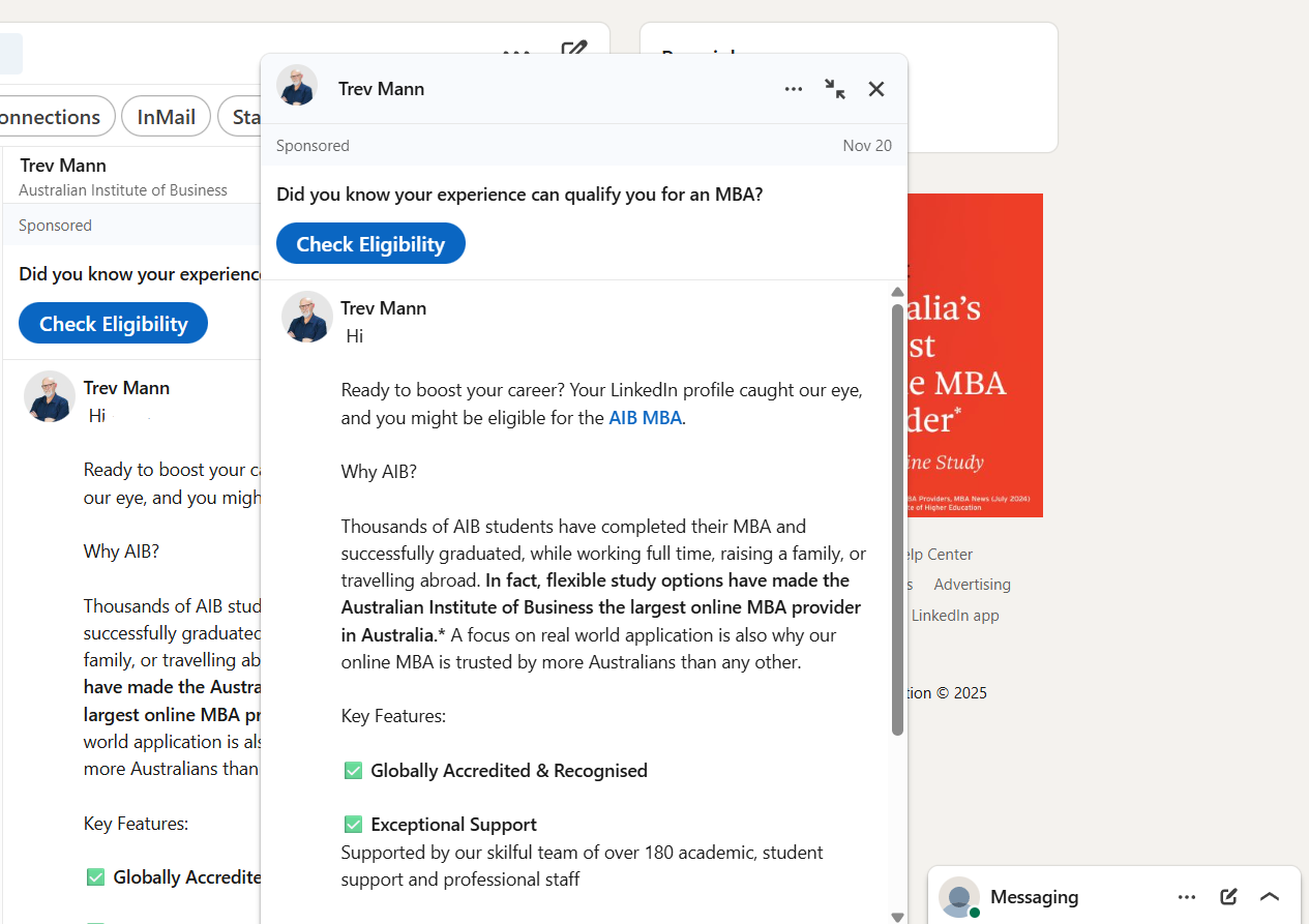 Sponsored messaging ads in LinkedIn