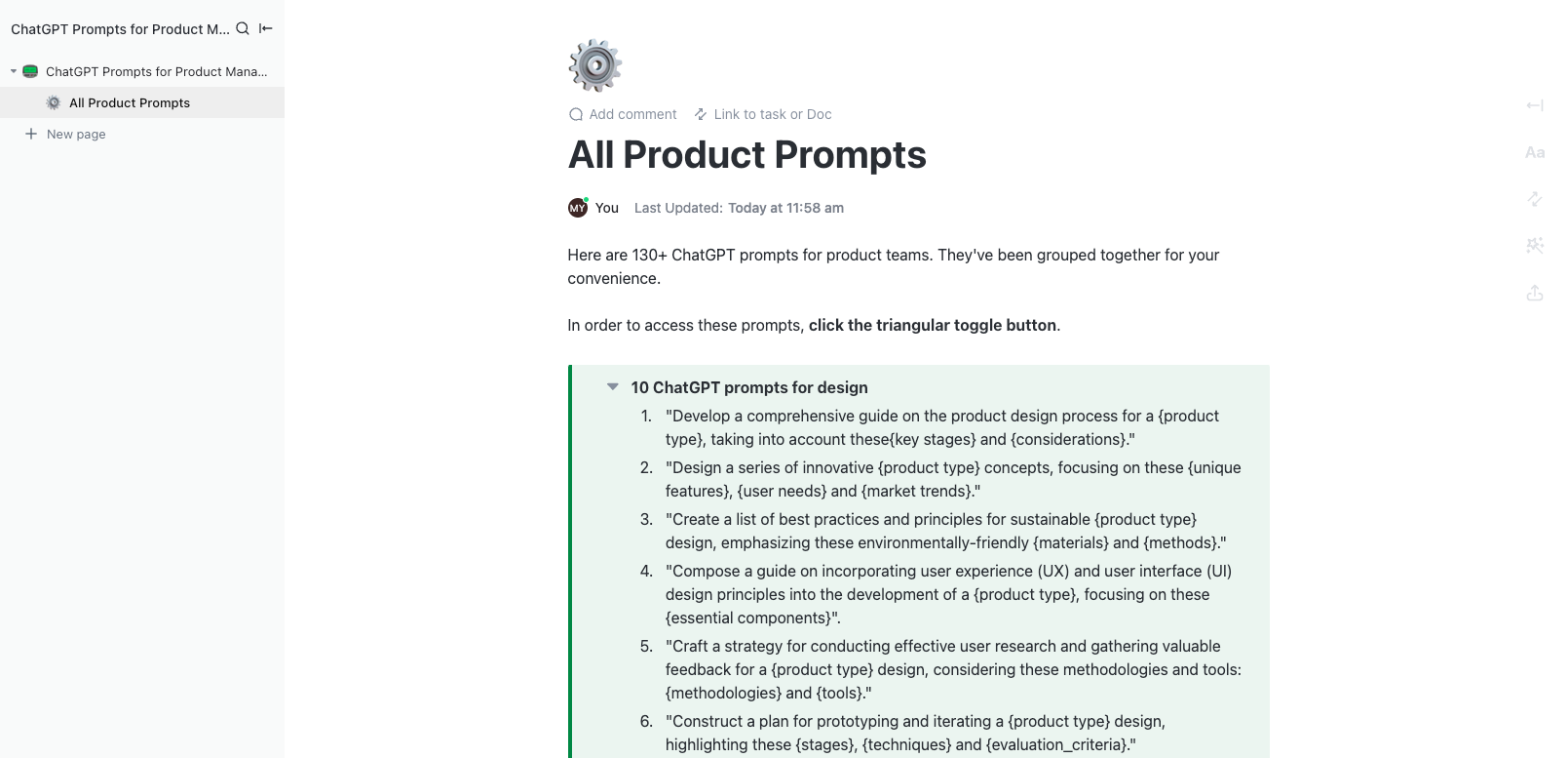 ClickUp Docs: Store code generation and Figma AI prompts