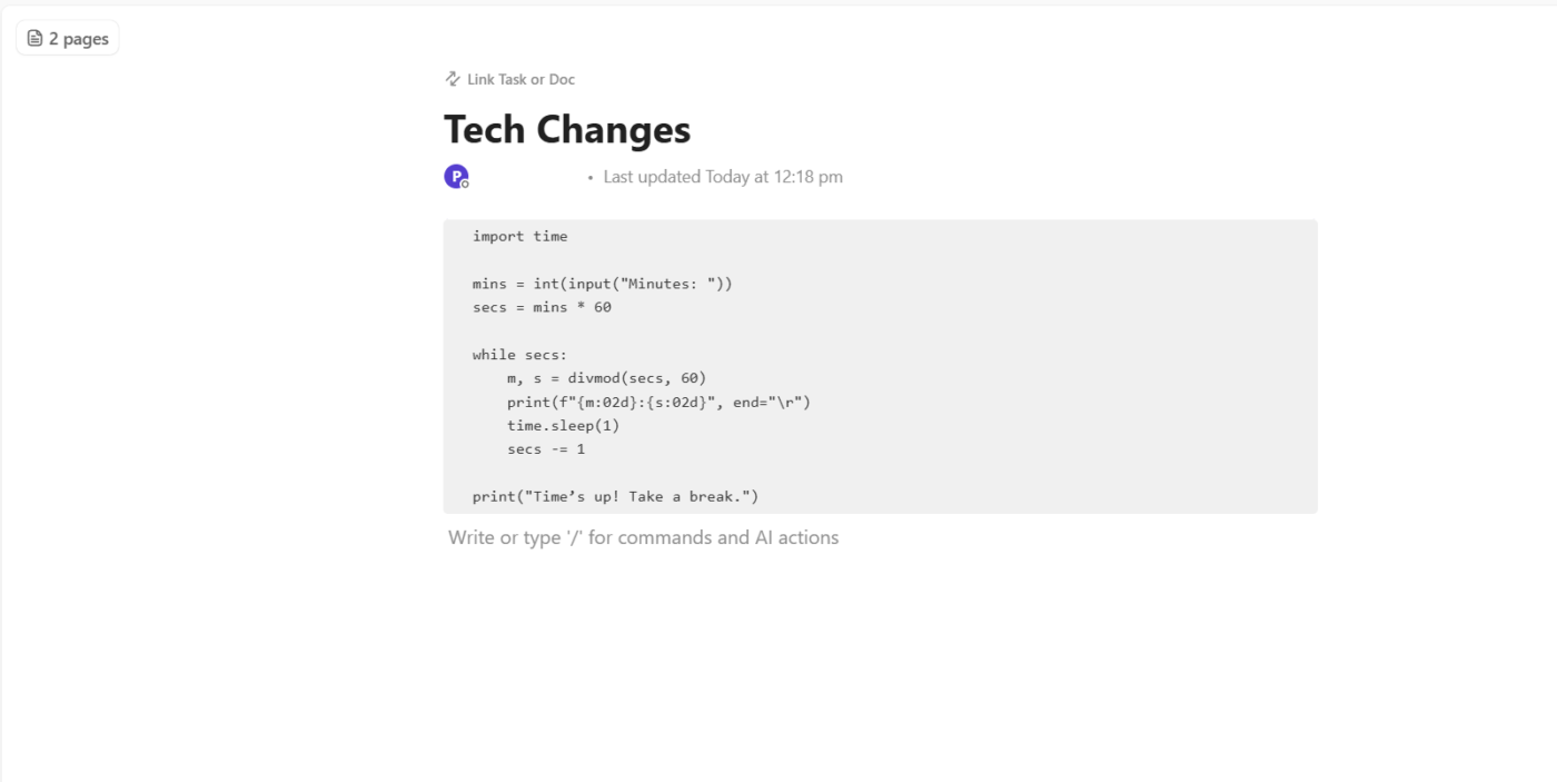 ClickUp Docs: Add code blocks and embeds for accurate documentation