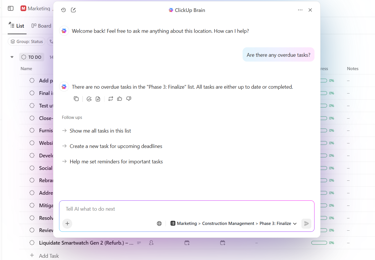 ClickUp Brain: Send an AI prompt to generate status reports