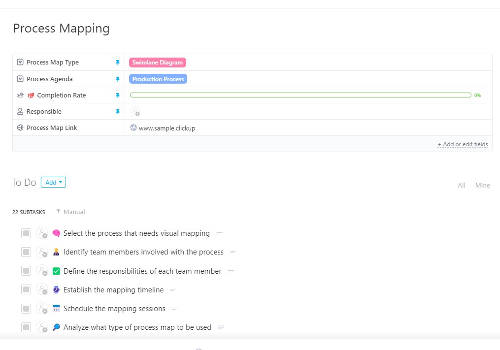 Document, refine, and optimize business workflows for greater clarity and impact with the ClickUp Process Mapping Template
