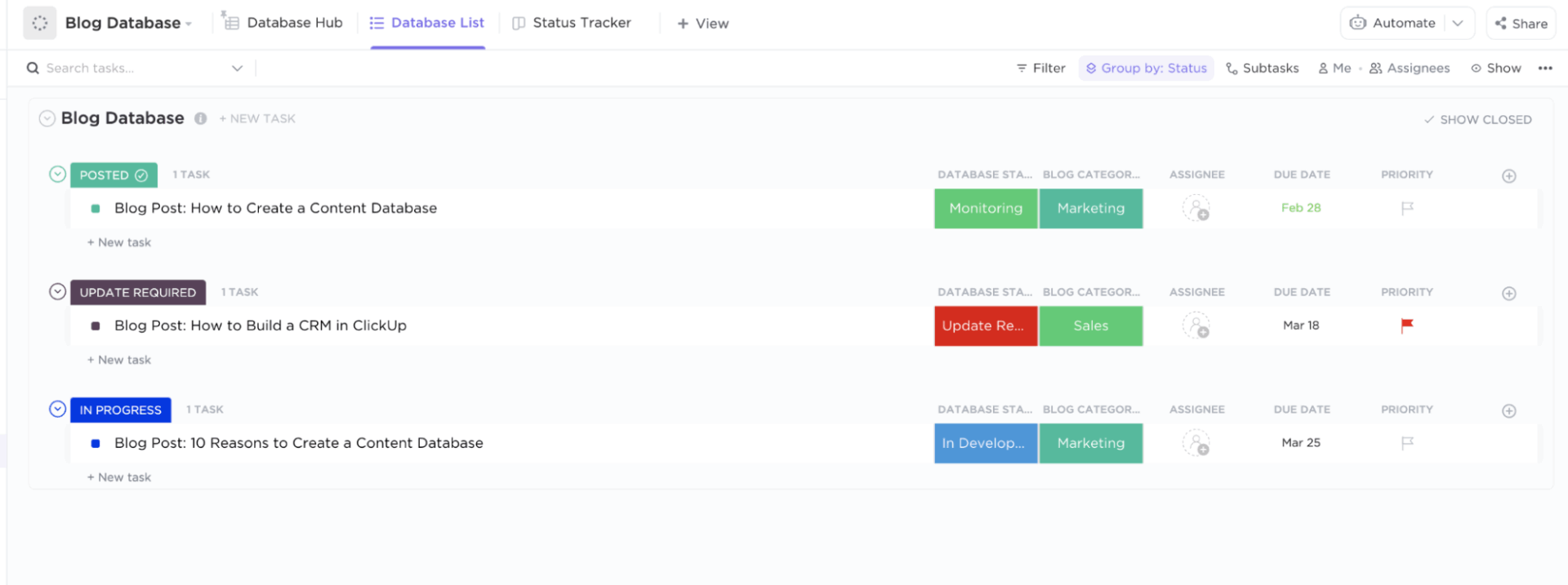 Track every blog post’s lifecycle with the ClickUp Blog Database Template
