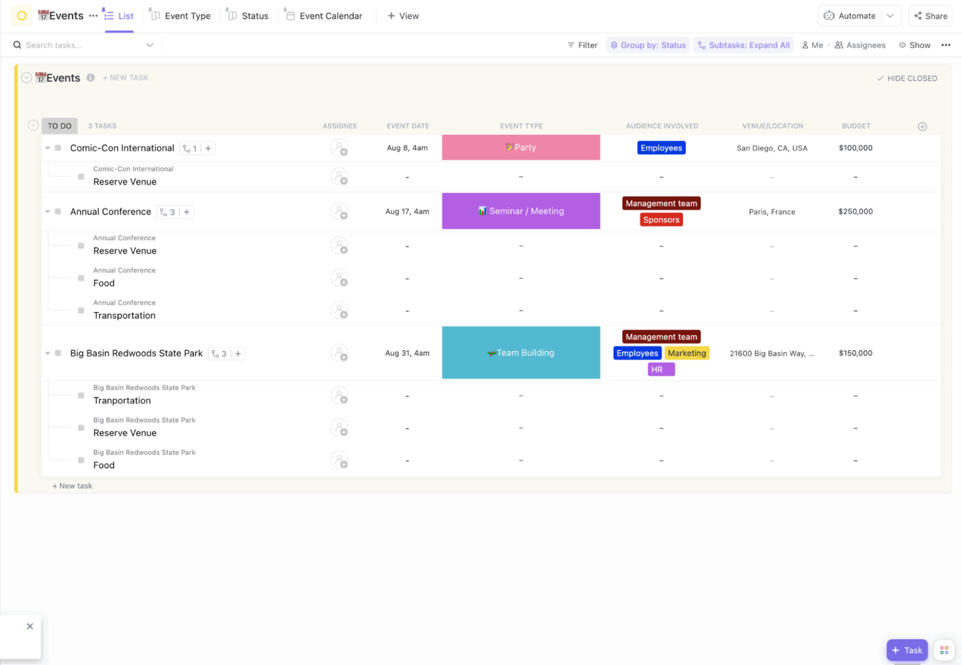 Track wedding expenses and compare vendor costs while keeping your full budget organized with the ClickUp Event Budget Template : Track wedding expenses and compare vendor costs while keeping your full budget organized with the ClickUp Event Budget Template

