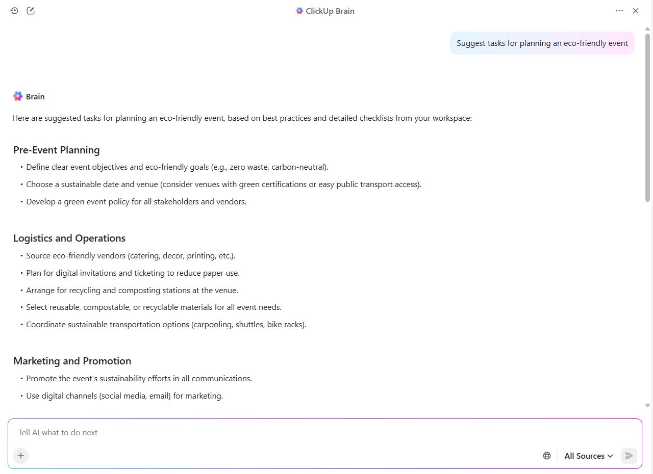 Use ClickUp Brain to plan an eco-friendly event: notion wedding plan template