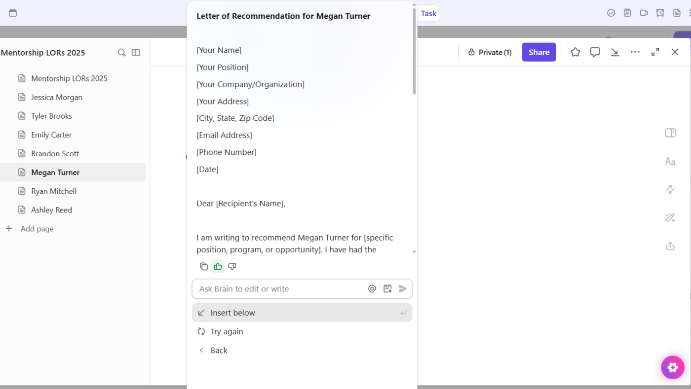 ClickUp Brain: Use AI inside Docs to create personalized letters of recommendation quickly and accurately