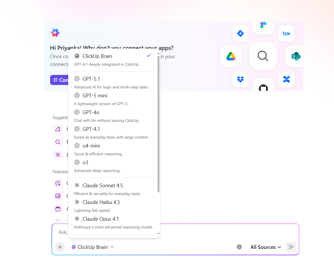 ClickUp Brain: Try multiple models for content and image generation: Perplexity vs. Claude for Coding