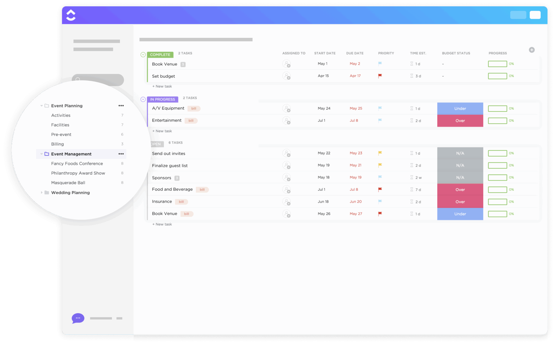 Use the ClickUp Simple Event Plan Template to organize wedding tasks by status, and keep every pre-wedding detail running smoothly : Notion wedding plan templates
