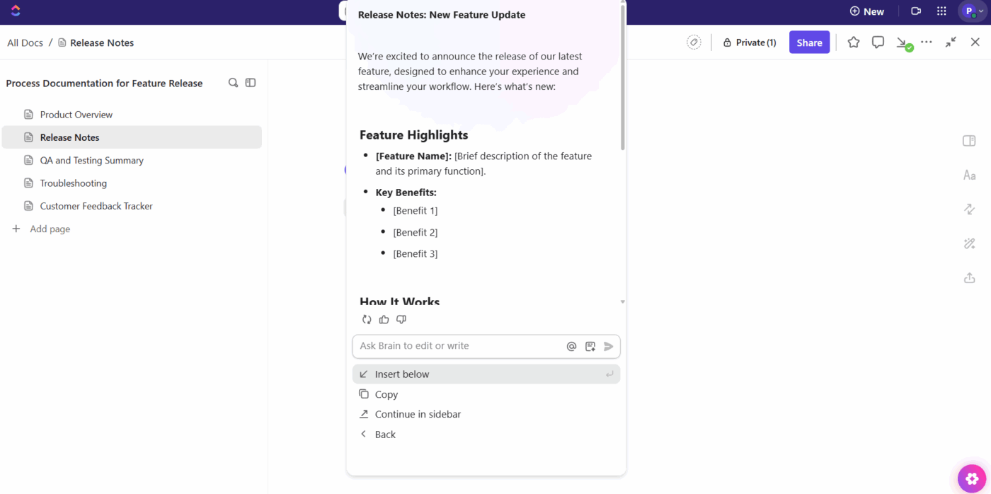 ClickUp Docs: Use AI in Docs for quick answers and content generation