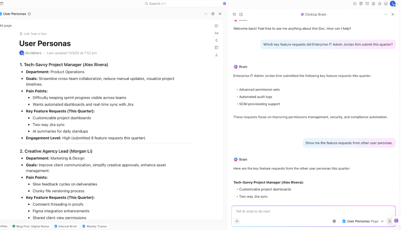 Use ClickUp Brain + Doc : how growth managers can manage growth roadmaps
