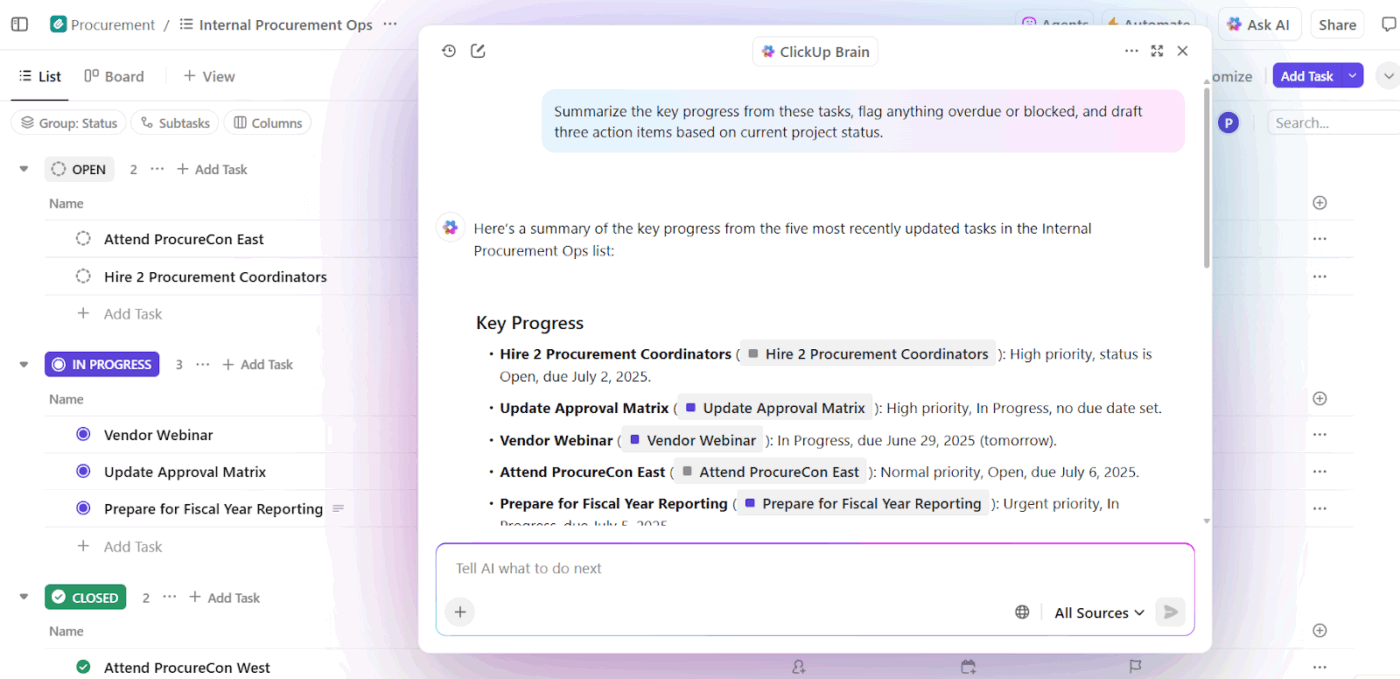 ClickUp Brain : pm software that auto-identifies redundant tasks
