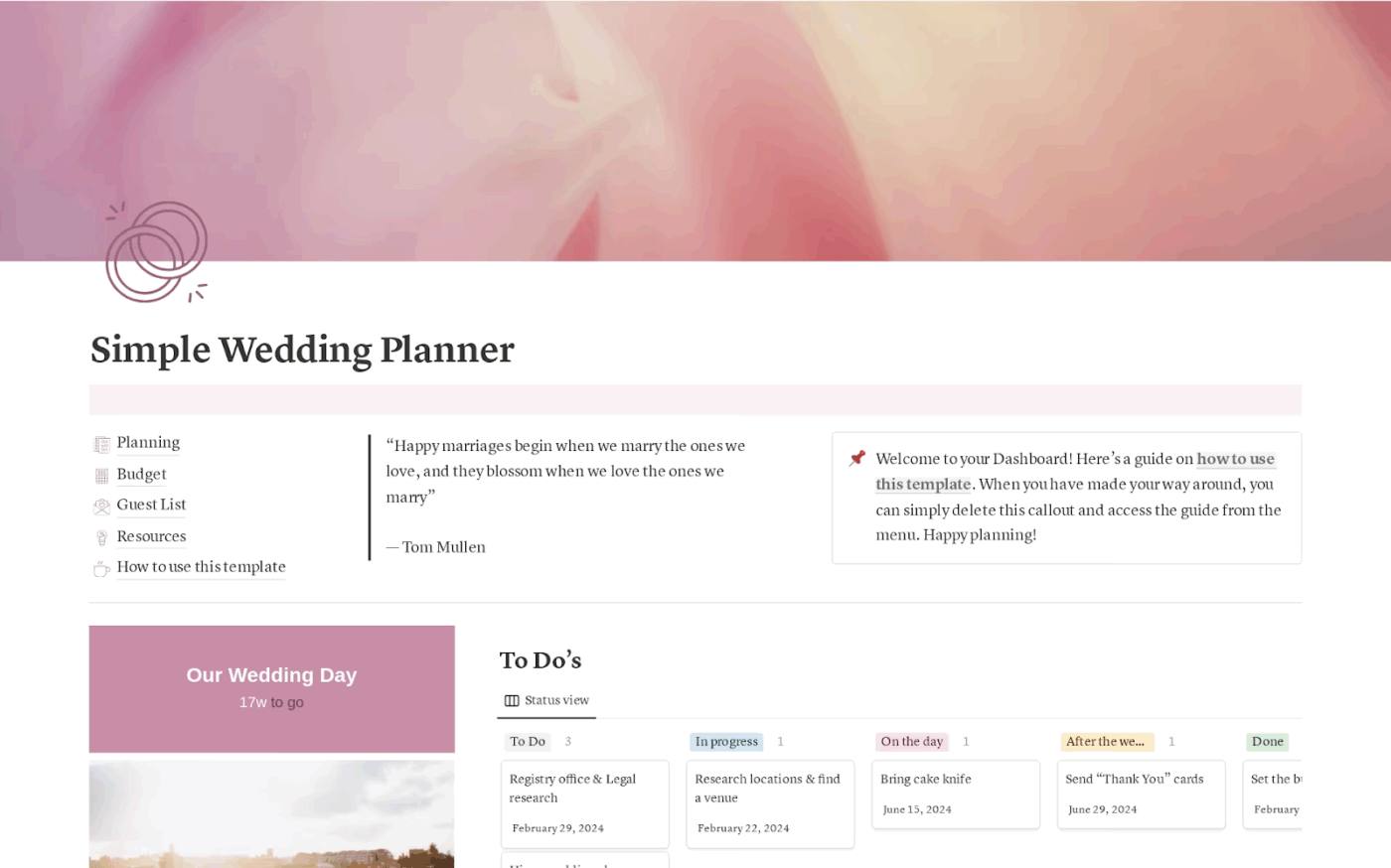 Simple Wedding Planner : Notion wedding plan template