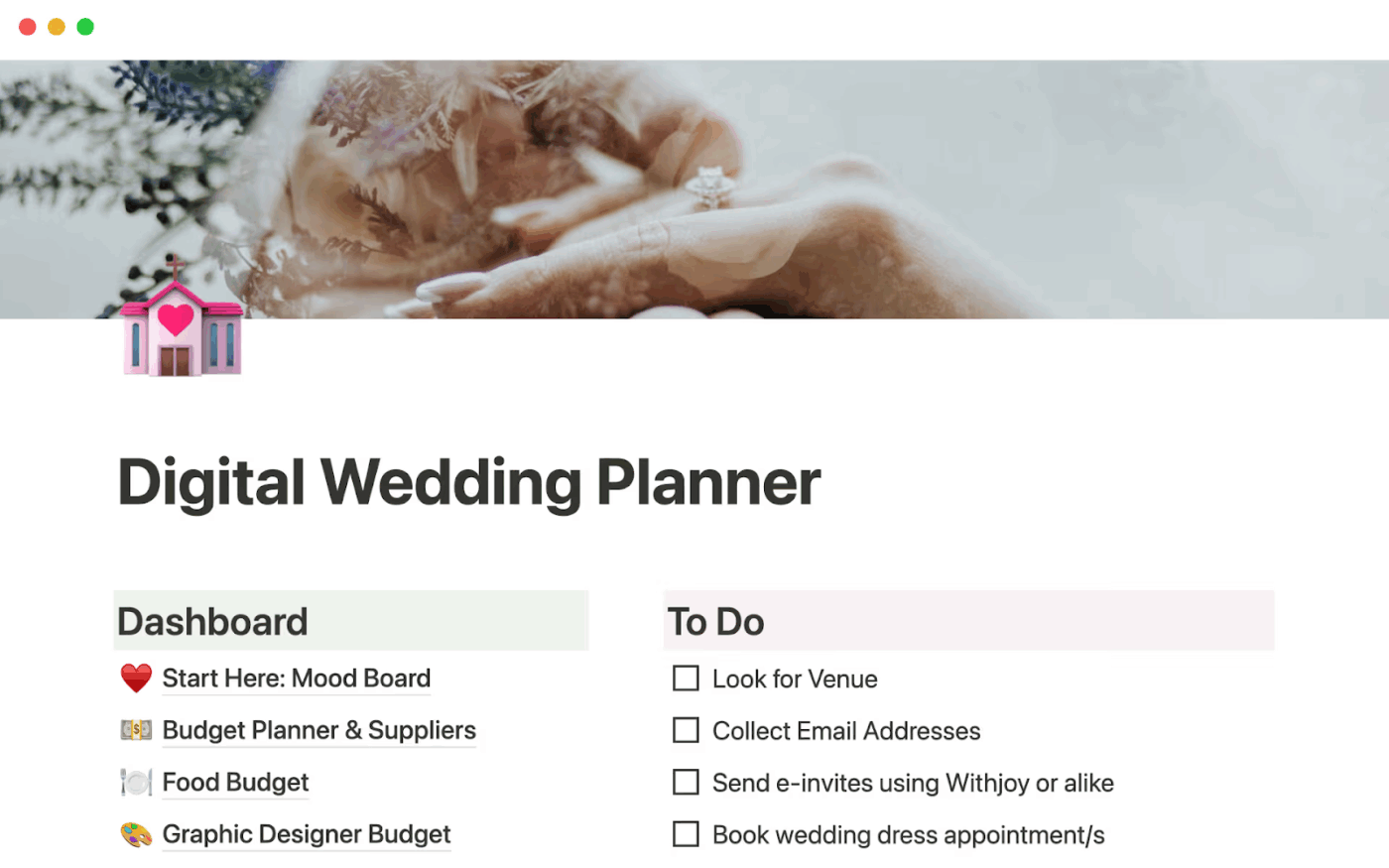 Notion Digital Wedding Planner Template: notion wedding plan template