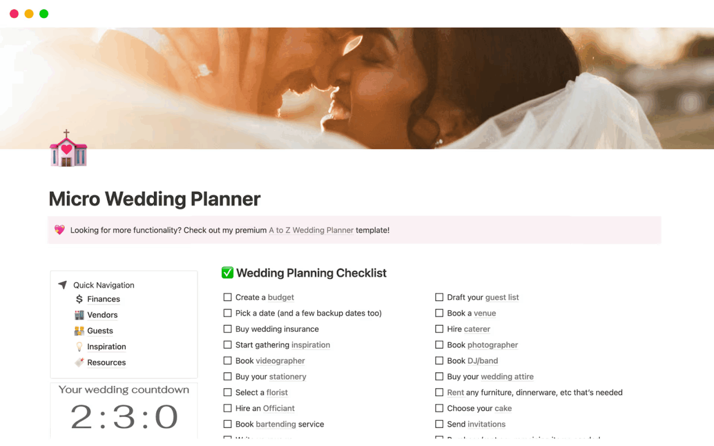 Micro Wedding Planner: notion wedding plan template