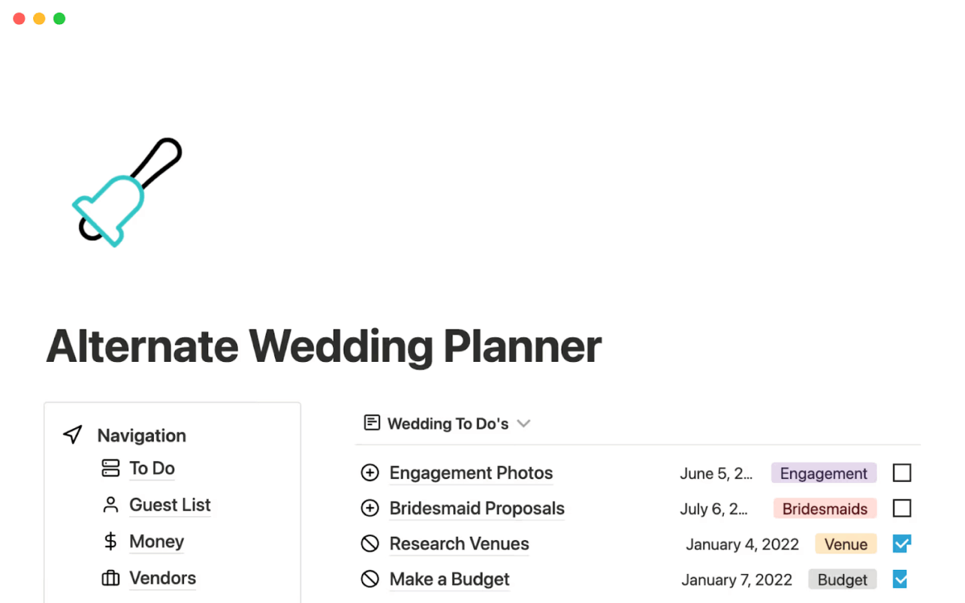 Notion Alternate Wedding Planner Template: Notion wedding plan template