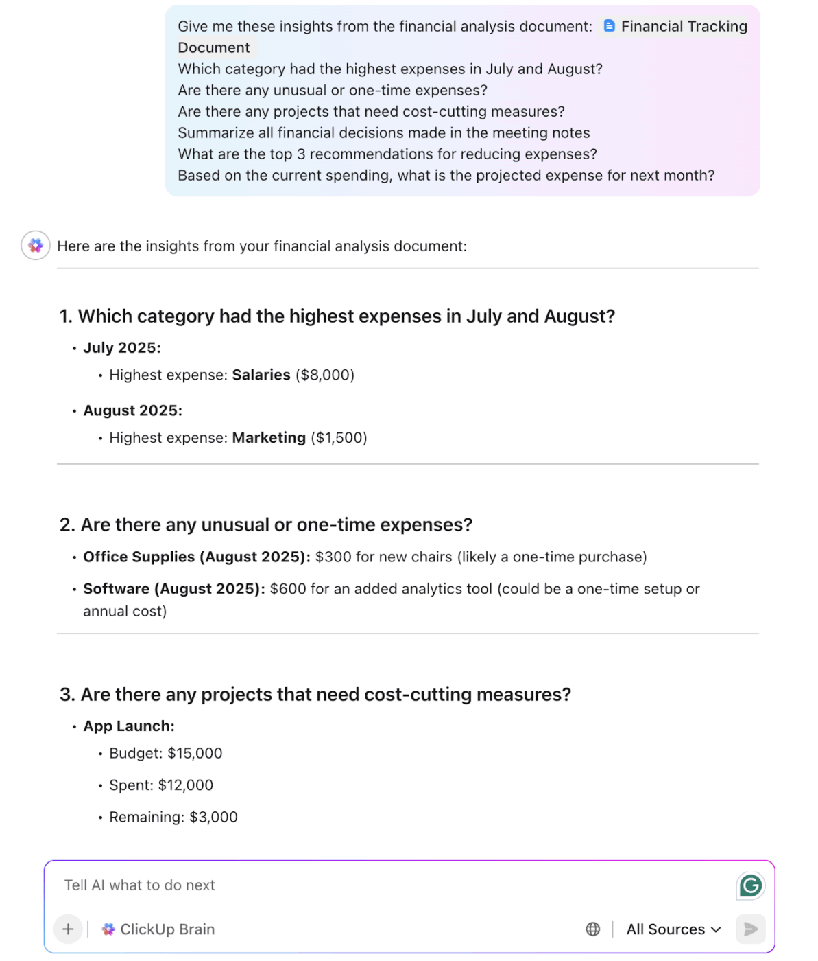 Simplify financial data analysis with ClickUp Brain : Top 3 PM Software to Auto-Generate Budget Projections