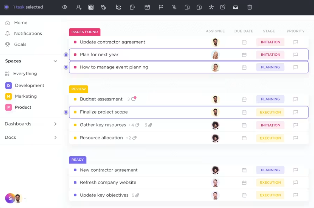 ClickUp's Bulk Action Toolbar Make edits to multiple tasks or Docs instantly with the power of ClickUp's Bulk Action Toolbar.