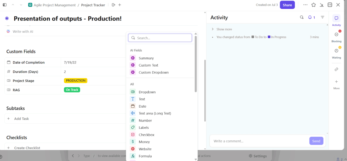 AI-fält i ClickUp för marknadsföringsportföljmallar