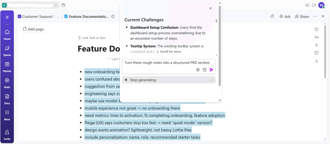 ClickUp Brain for feature documentation