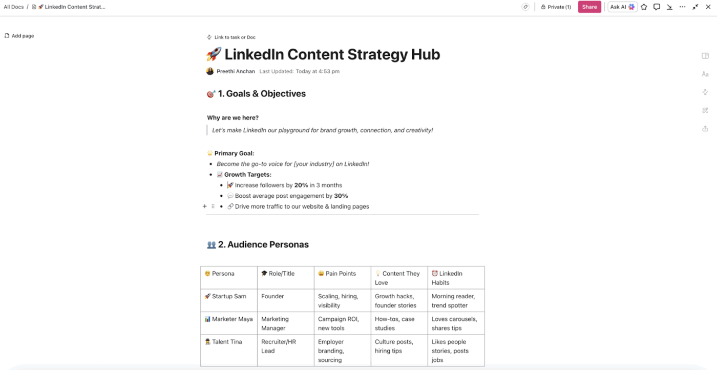 Clickup Docs : how to automate linkedin outreach with ai