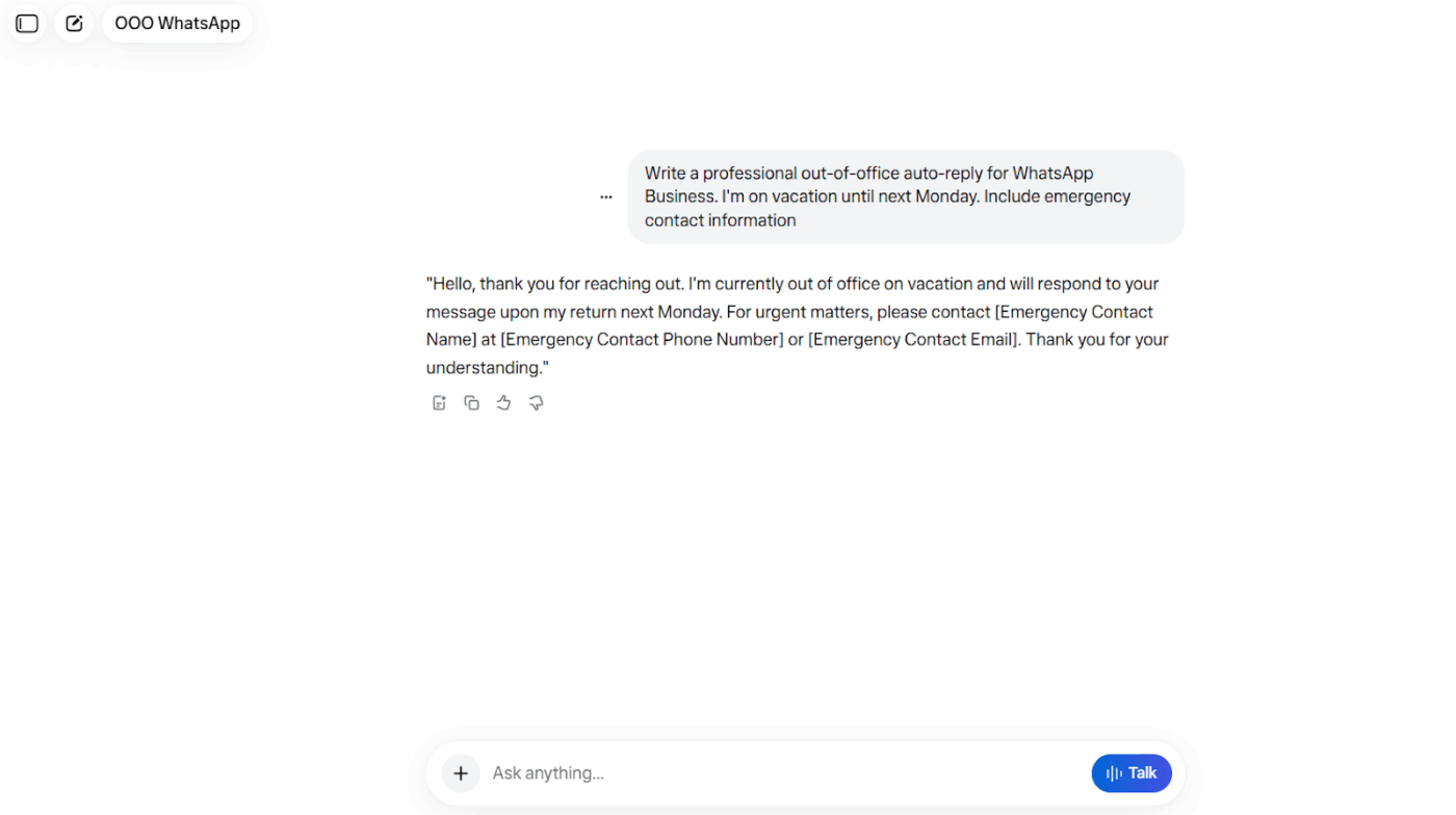 Meta AI prompts for OOO messages