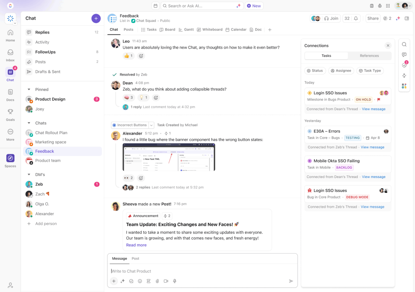 Keep your entire crew in sync with ClickUp Chat