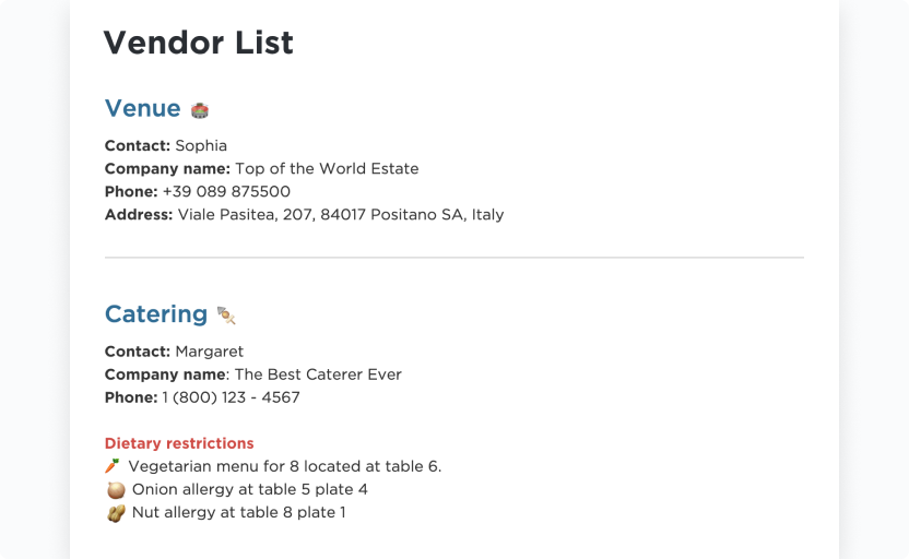 Track wedding vendors and catering details while managing guest dietary requirements in one tidy list with the ClickUp Event Planning Document Template :Notion wedding plan templates

