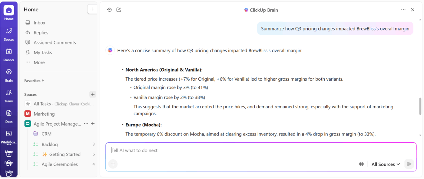 ClickUp Brain: Ask the AI tool to summarize key content like any fraud detection possibilities or other key updates 