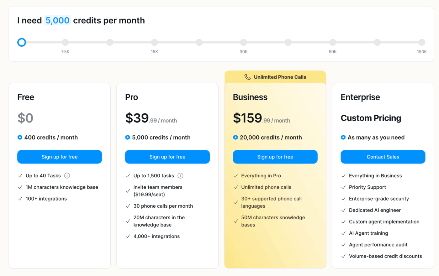 screenshot of the lindy ai pricing table