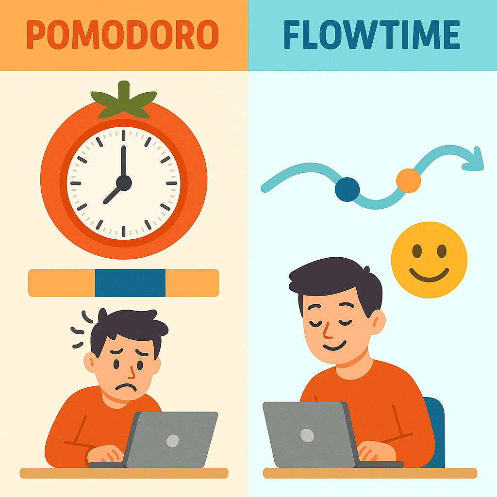 Flowtime vs. Pomodoro: Flexible, energy-driven sessions versus rigid, timer-based intervals