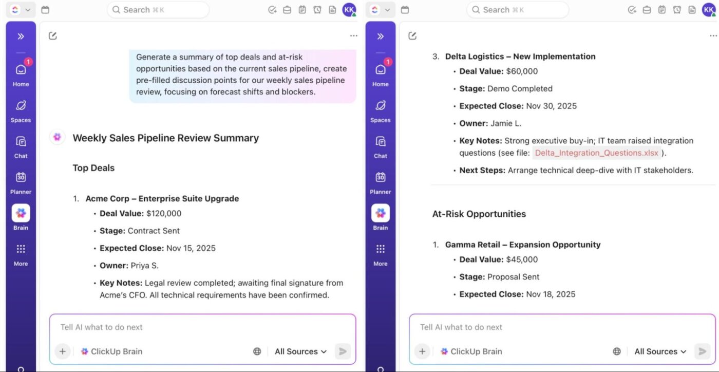 ClickUp Brain: Try the built-in assistant and AI systems