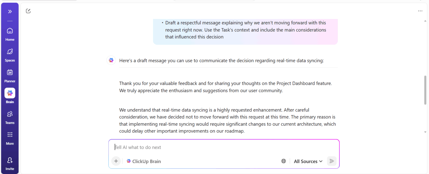 ClickUp Brain: Turns raw notes into clear updates showing why feedback loops important for all teams