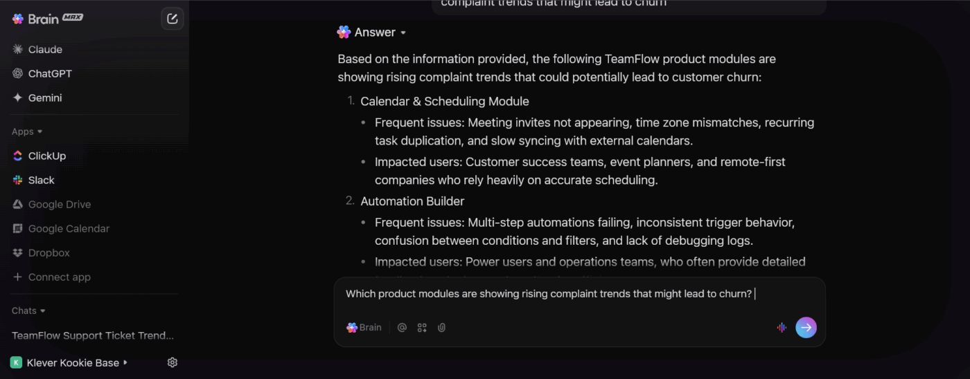 ClickUp Brain MAX: Surfaces deeper patterns in customer data to drive informed decisions across teams