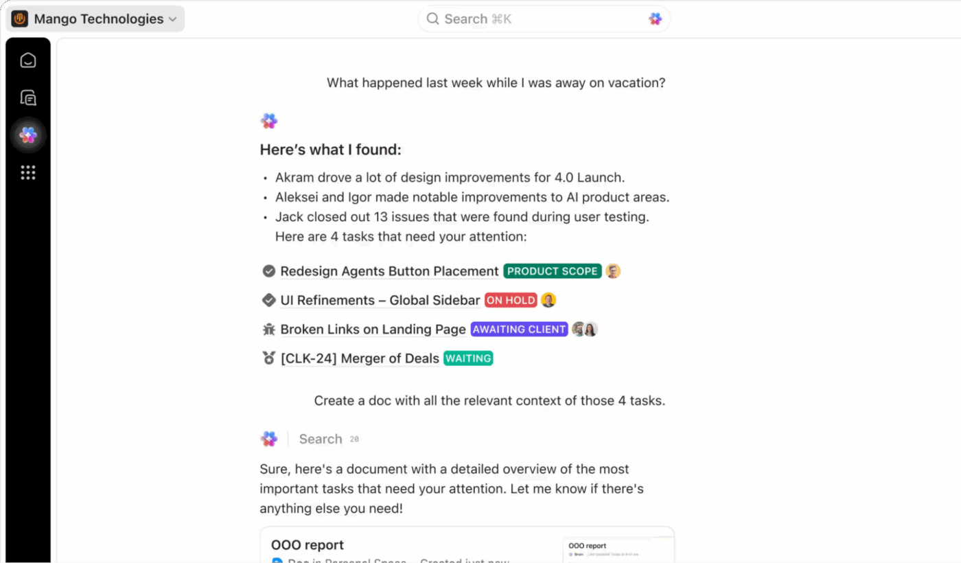 ClickUp Brain: Central workspace intelligence that supports customers and helps teams save precious time in daily tasks