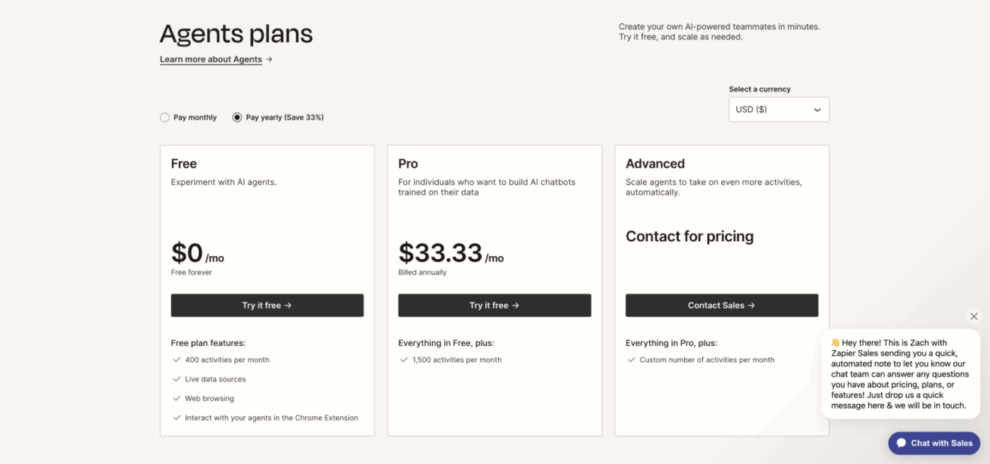 a screenshot of Zapier pricing