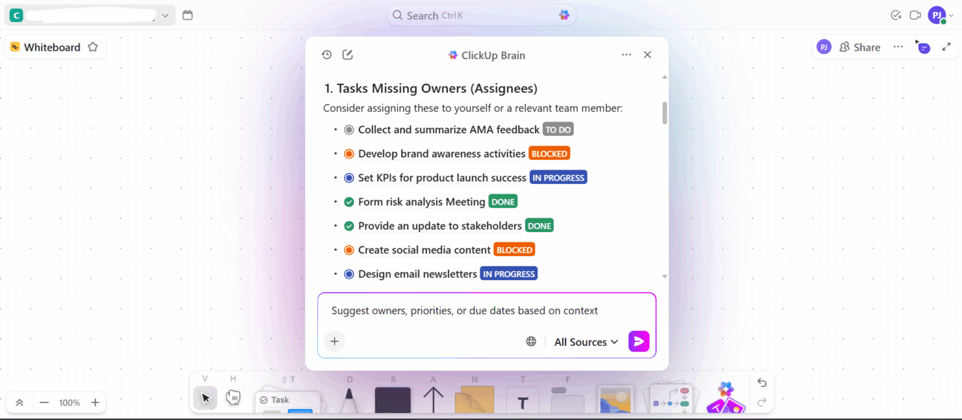 ClickUp Brain in ClickUp Whiteboards: ClickUp Brain embedded in whiteboards alongside other tools for planning