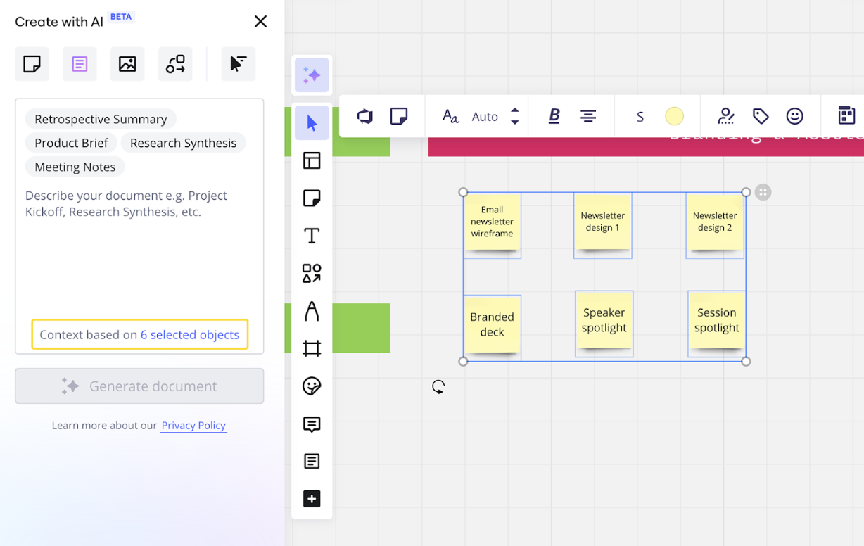 Miro’s AI tools: AI features demonstrating ability to organize ideas and create custom toolbars