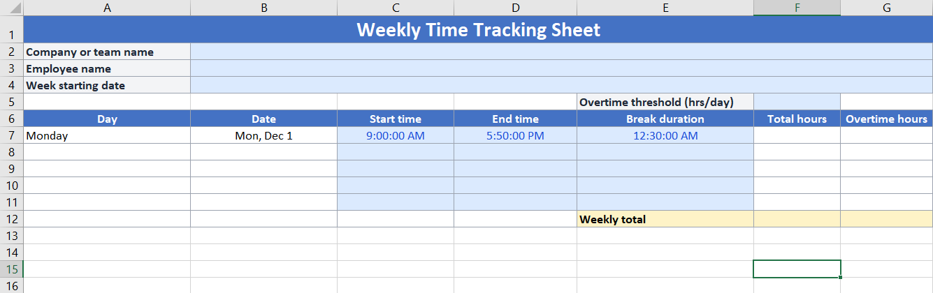 Step 3 Add a few sample rows- Excel Time Tracking
