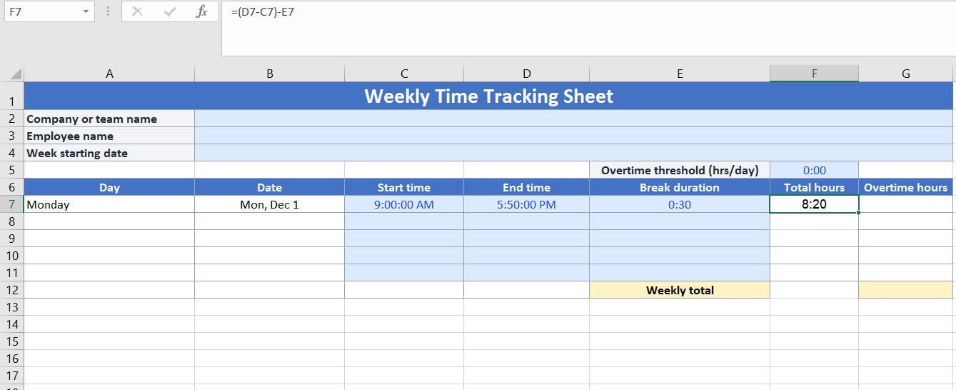 Step 4 Add a formula to calculate daily hours- Excel Time Tracking