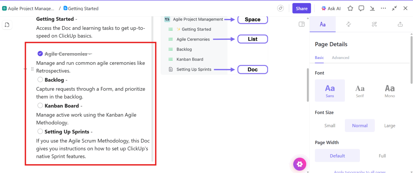 Ensure actionable execution by adding checklists to ClickUp Docs