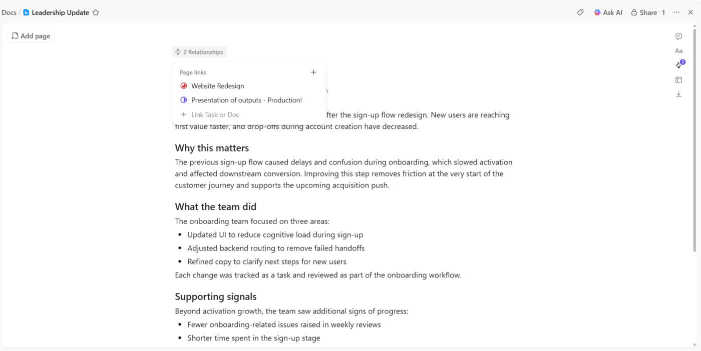 ClickUp Docs: Add relevant context to your leadership communication and link them to tasks, KPIs, and more