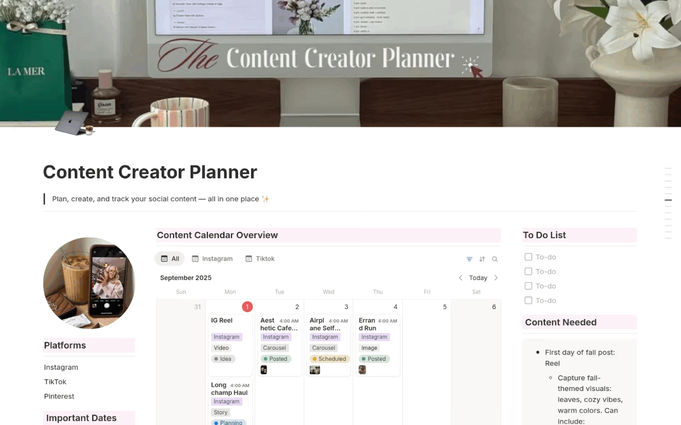 Aesthetic Content Creator Calendar Template by Notion- notion-social-media-calendar-templates
