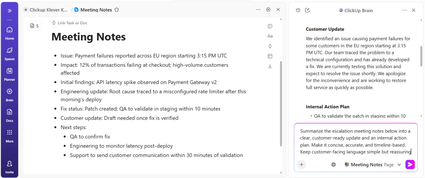 ClickUp Brain: Ask the AI Writer for Work to draft status updates for clients