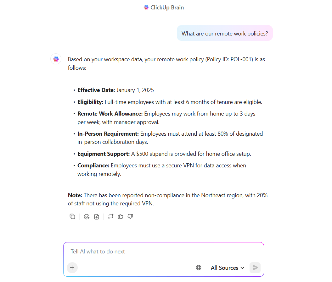 Ask ClickUp Brain to provide precise context-aware answers related to work policies