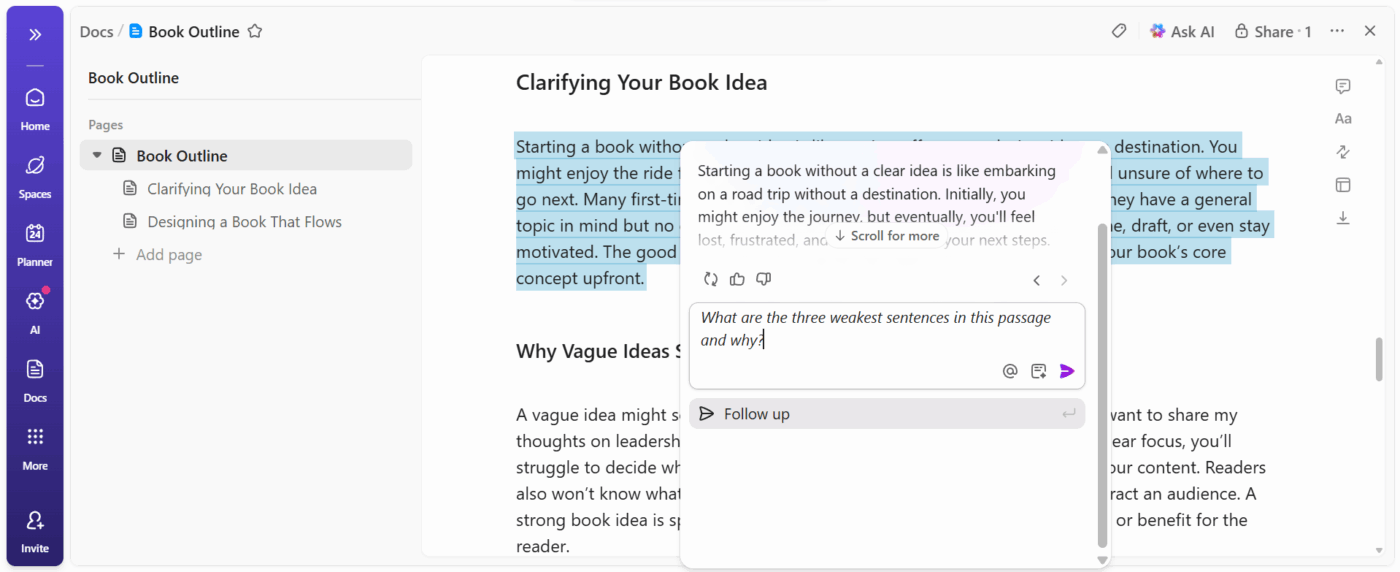 ClickUp Brain: Review drafts and surface inconsistencies using intelligent analysis from new tools