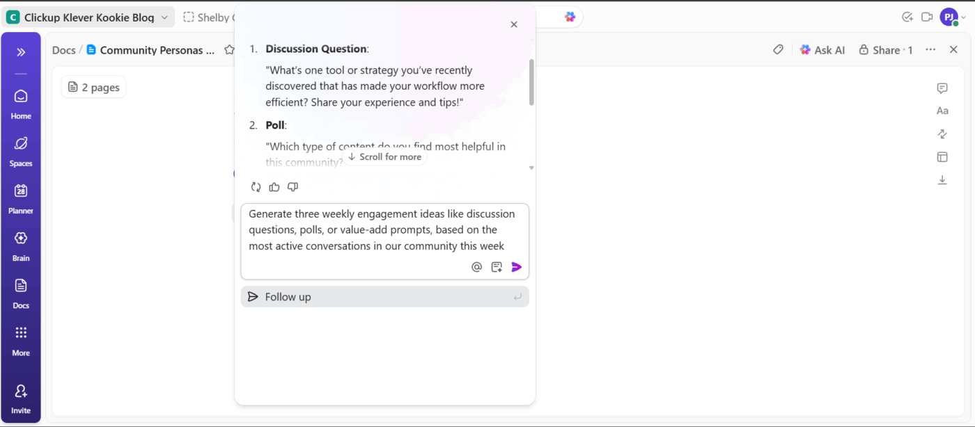 ClickUp Brain (engagement prompts): AI gives an overview of topics for fresh weekly prompts