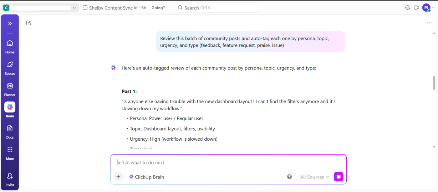ClickUp Brain to review posts: AI reviews posts and extracts source insights for teams